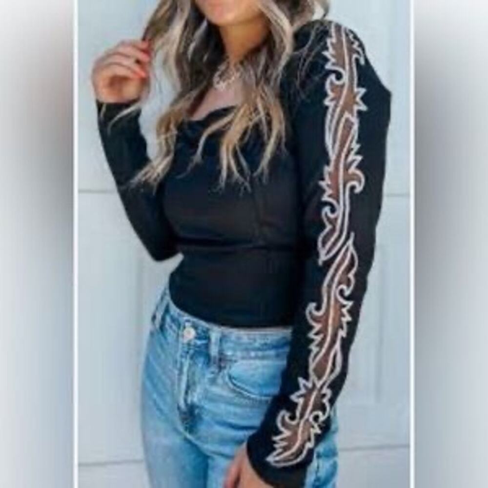 NWT 2Fly Western Boutique Black Boot Stitch Long Sleeve Top Women's Size S